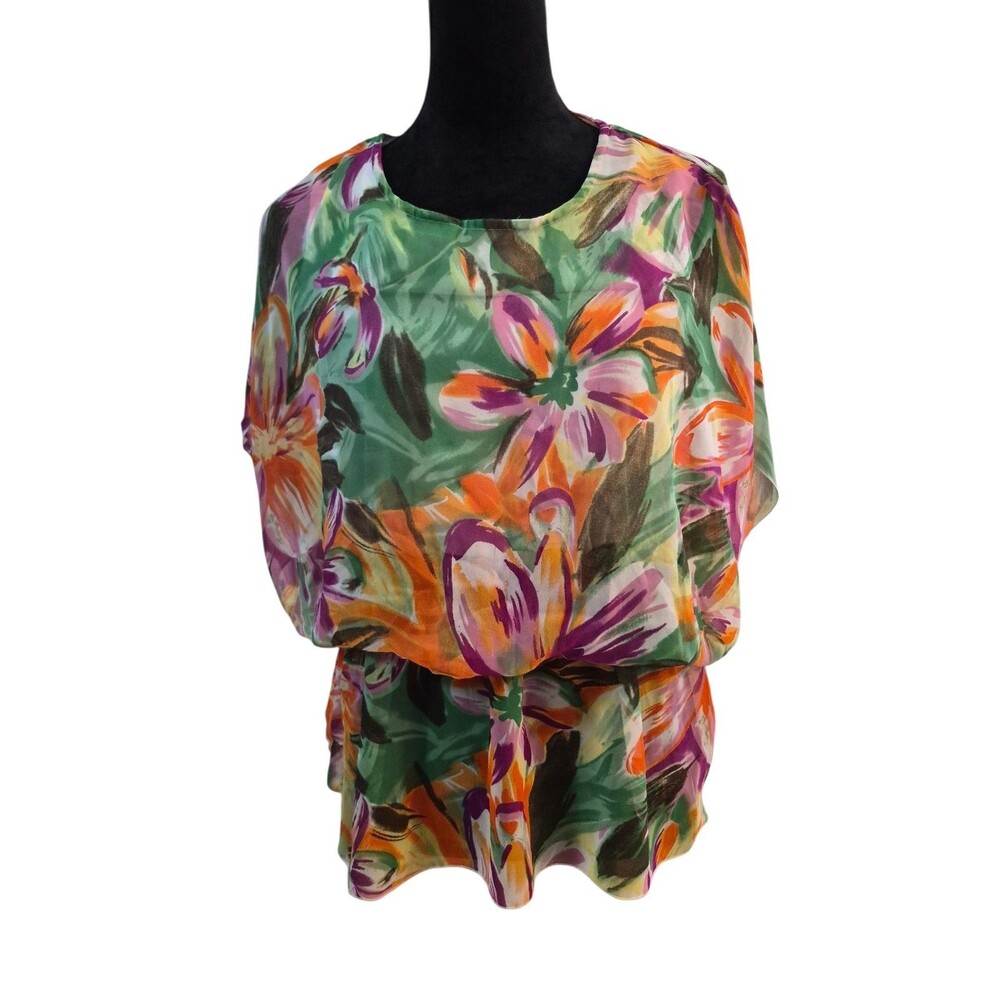 Vicki Wayne M Fairy Isle Top Water Color Gathered Waist Floral Spring Artsy